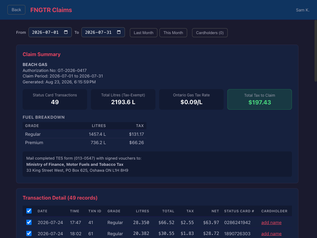 FNGTR claim page with claim summary, total tax to claim, fuel breakdown by grade, and transaction detail