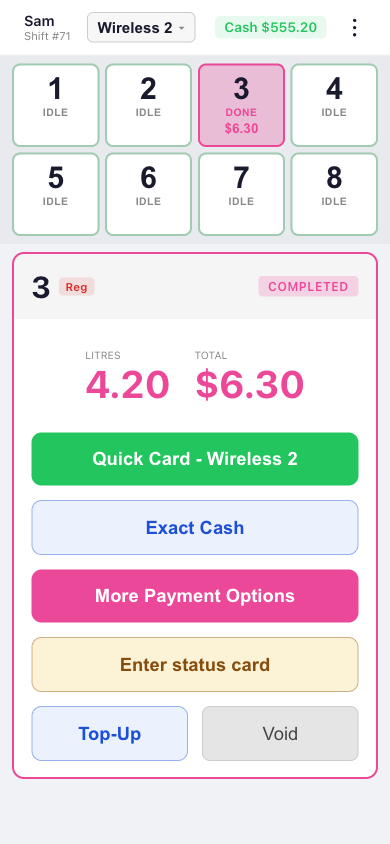 Phone view of a completed fill with one-tap payment options: quick card, exact cash, top-up