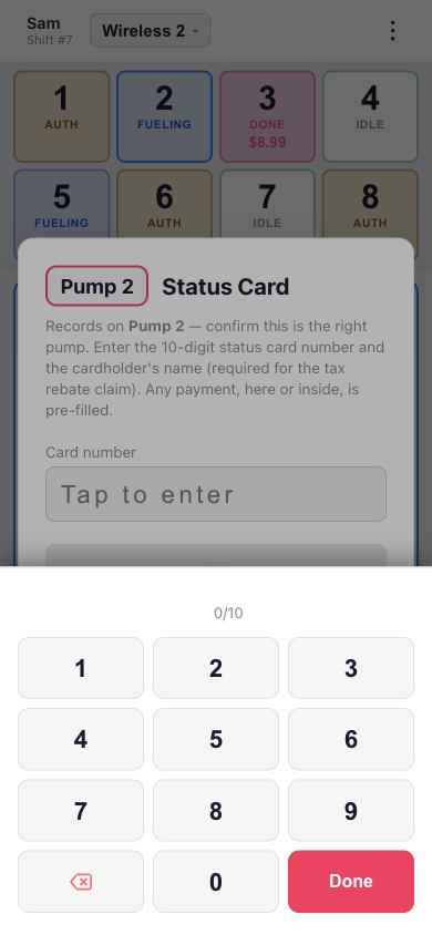 Phone status card entry dialog with a number pad for a tax-exempt sale