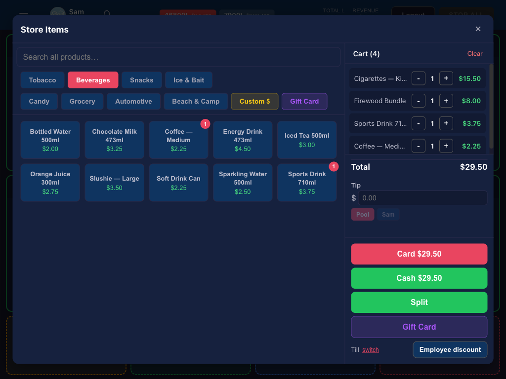 Store sale screen with product categories, cart, and card, cash, or split payment options